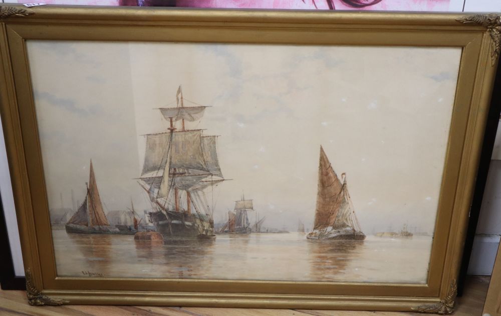 Frederick James Aldridge (1850-1933), watercolour, Shipping on the Thames, signed, 47 x 72cm